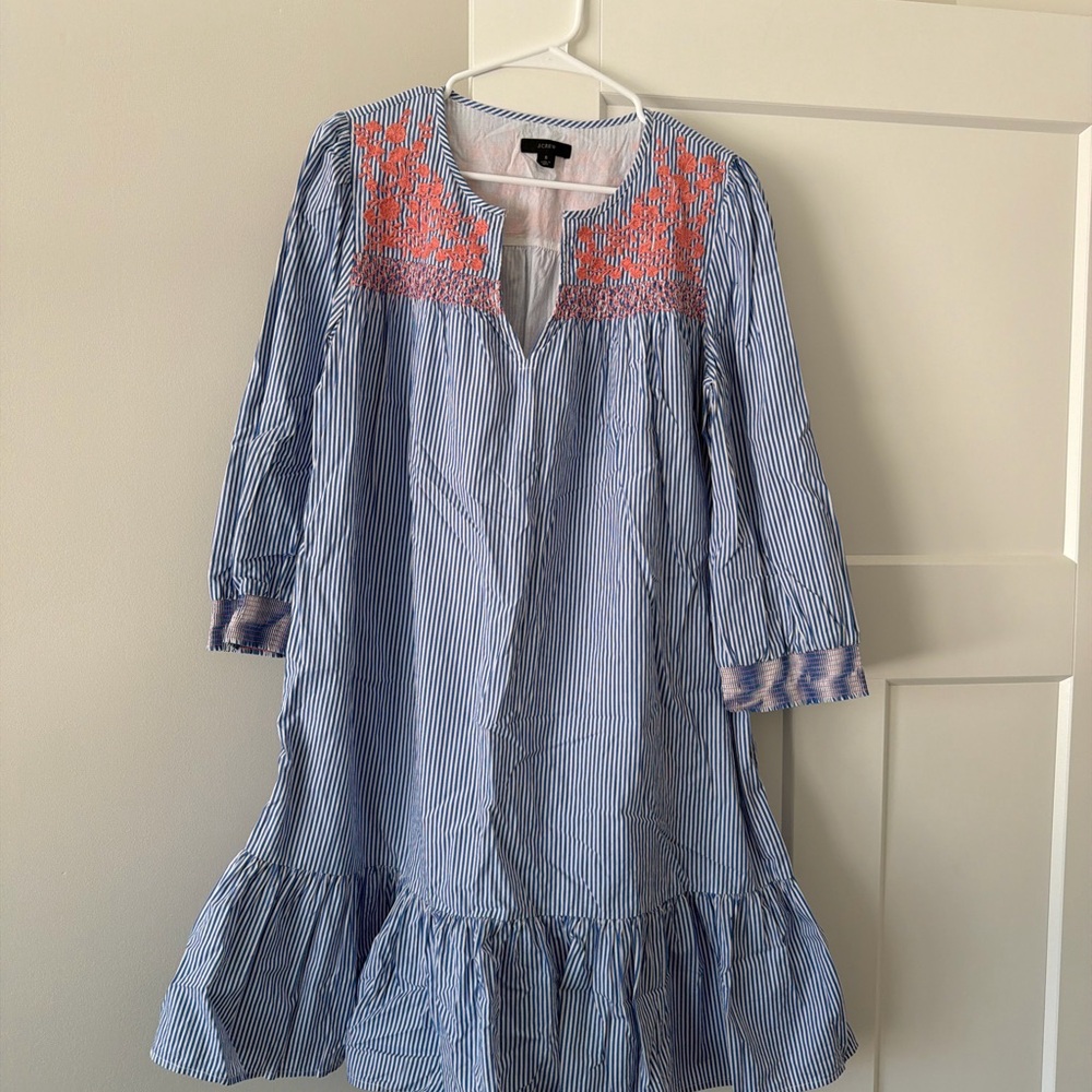 J. Crew Blue Striped Dress with Pink Embroidery